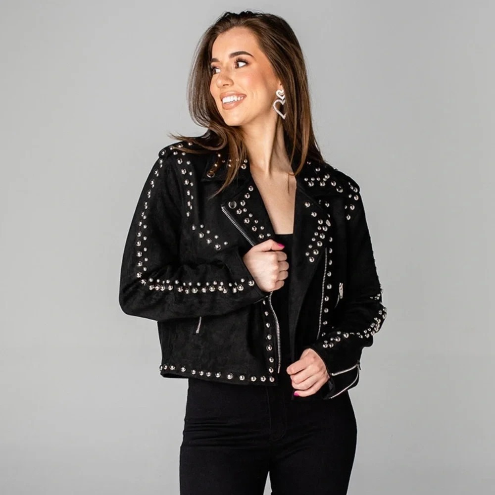 Buddy Love Black Studded Suede Moto Jacket – Women's Edgy Biker Style Size L - Picture 16 of 16